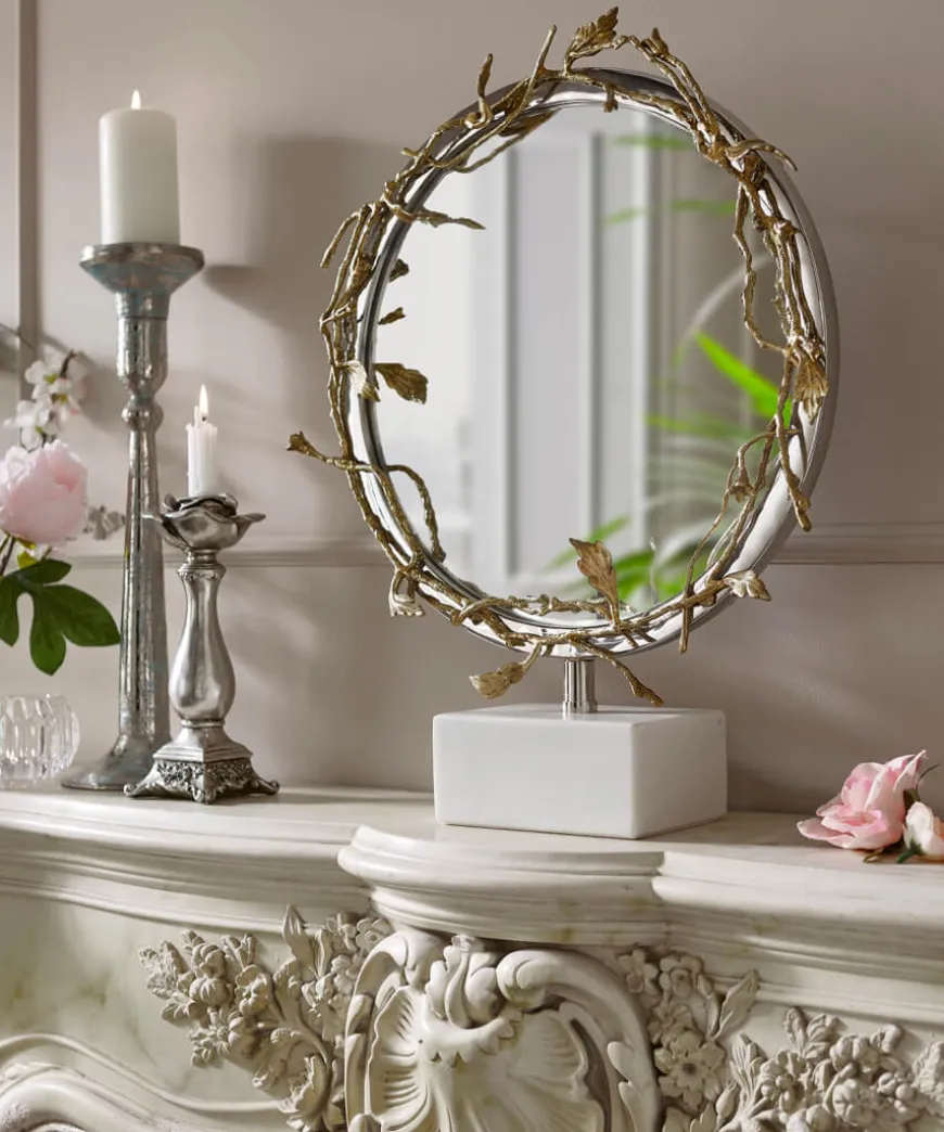 nouveau_brass_table_mirro_0.webp Gifts<Joe Browns Nouveau Brass Table Mirror With Stone Base